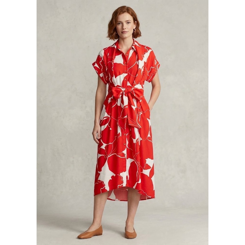 Donna Karan New York Red Floral Button Front Midi Shirt Dress size 14